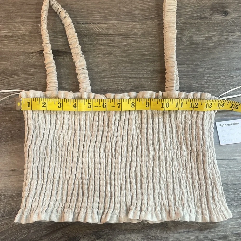 Reformation Vera Linen top,Tan, crop,straps, smocking %100 Linen, Size 8, NWT - Picture 4 of 8